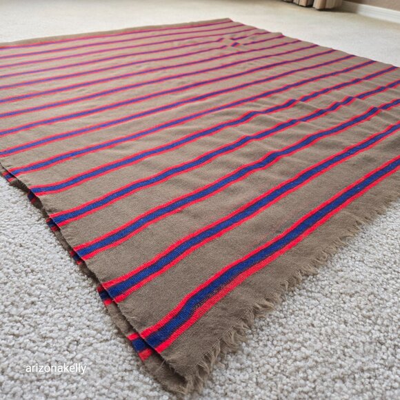 NWOT Wool Lightweight Woven Scarf Wrap Tan With Blue & Red Stripes - Picture 6 of 9